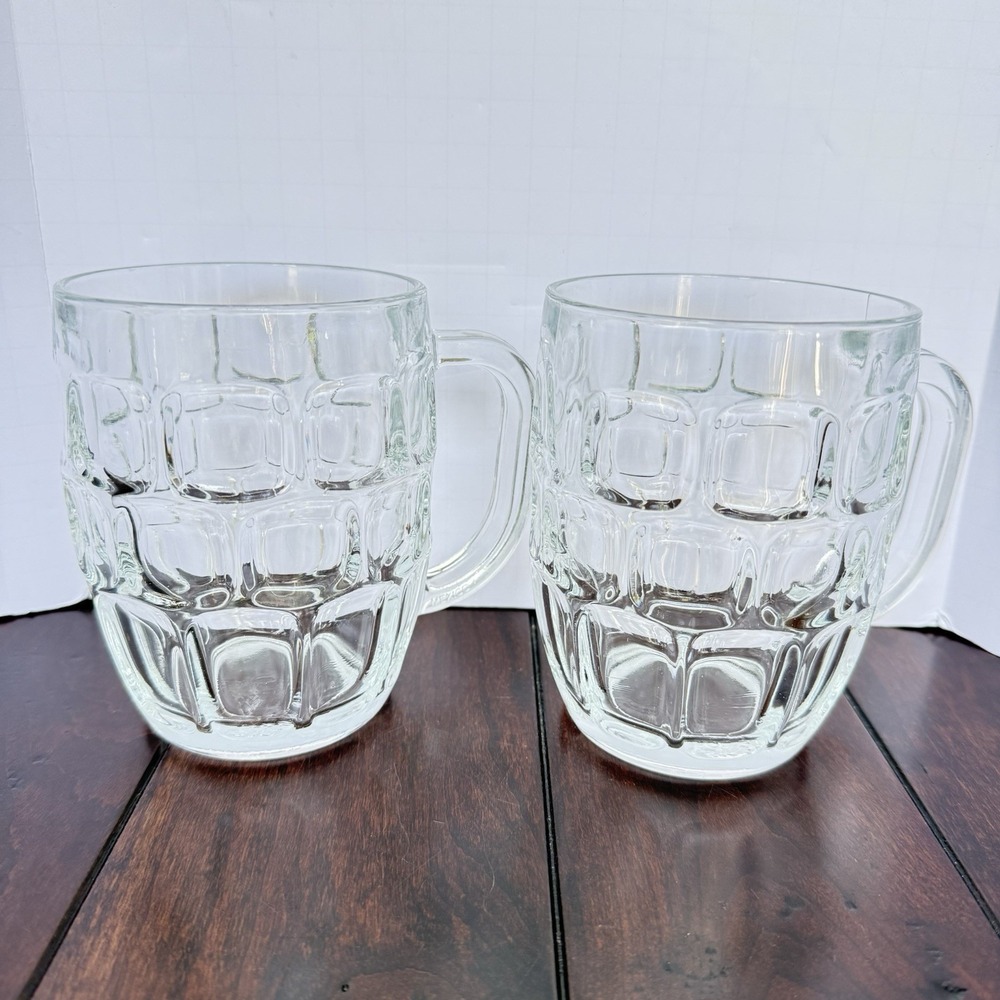 2 Vtg Dimple Stein Beer Mug Dimpled Clear Glass Mugs Heavy Glass 20 Oz
